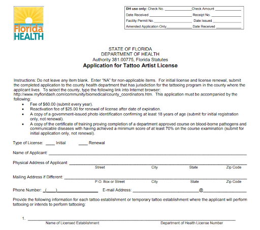 Application florida online tattoo license for tattoo artists