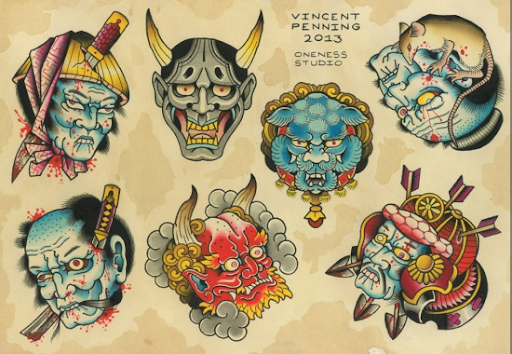 Japanese masks flash tattoos by Vincent Penning Japanese masks flash tattoos by Vincent Penning