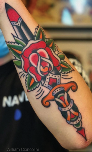 Knife and rose colorful tattoo
