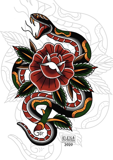 Rose and Snake Flash Art snake and flower tattoo flash by Elena Luchkina