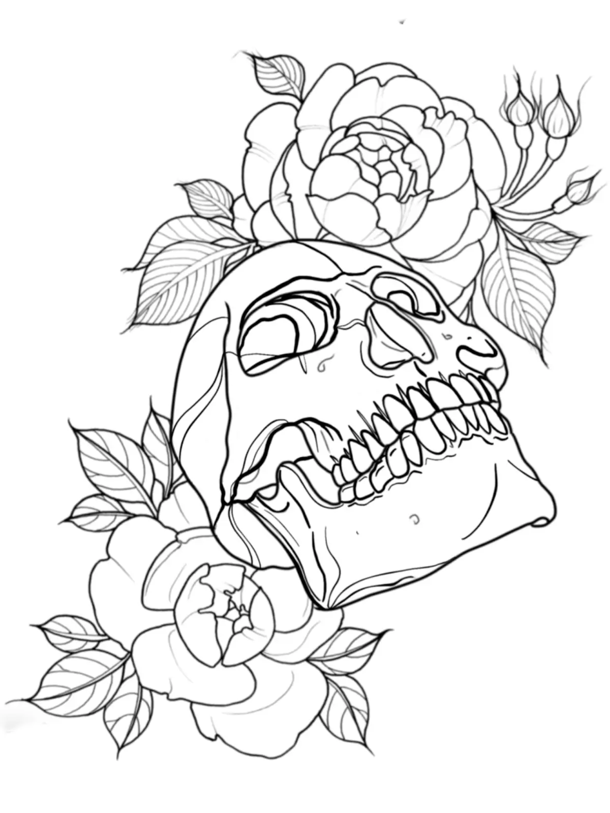 Skull and Flower Tattoo Stencil